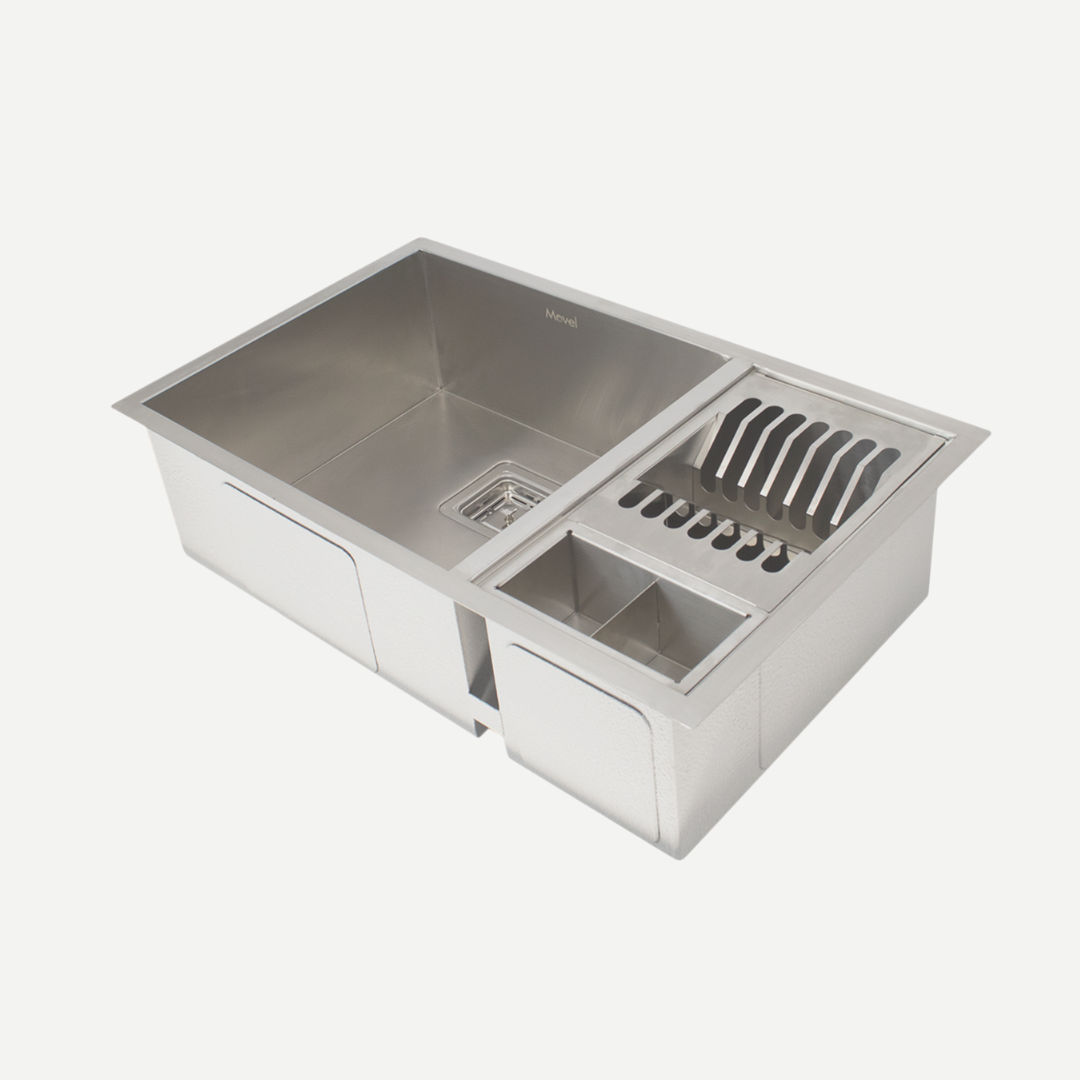 Cuba dupla com calha úmida 69X40 aço escovado + acessórios