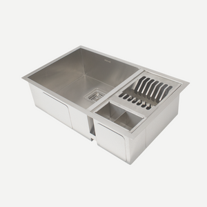 Cuba dupla com calha úmida 69X40 aço escovado + acessórios