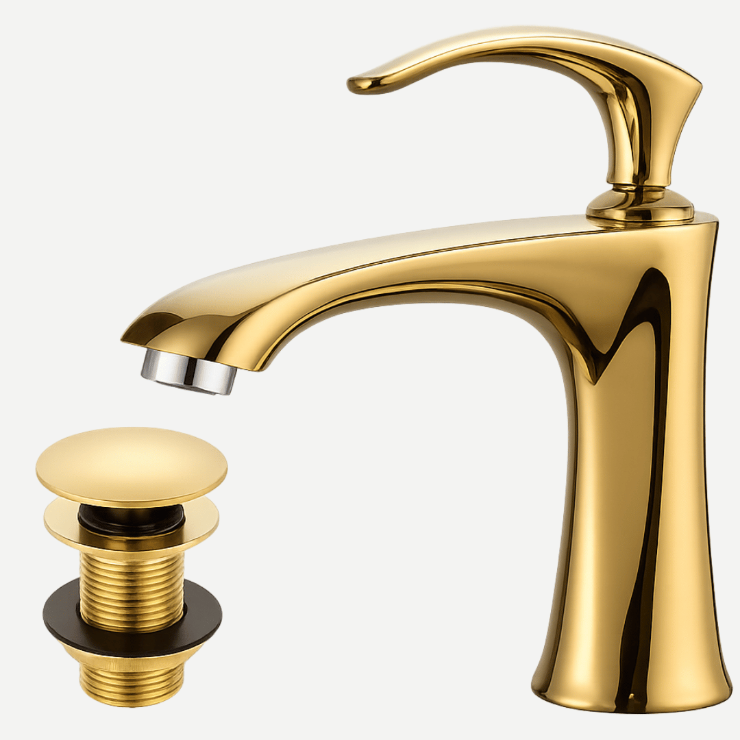 Torneira para Banheiro Dourada com Bica Baixa + Válvula Click Lusso