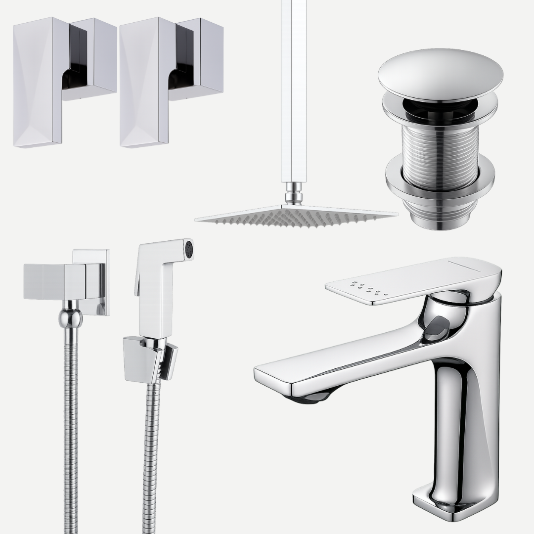 Kit para banheiro Cromado Diamond com Torneira bica baixa - 6 peças