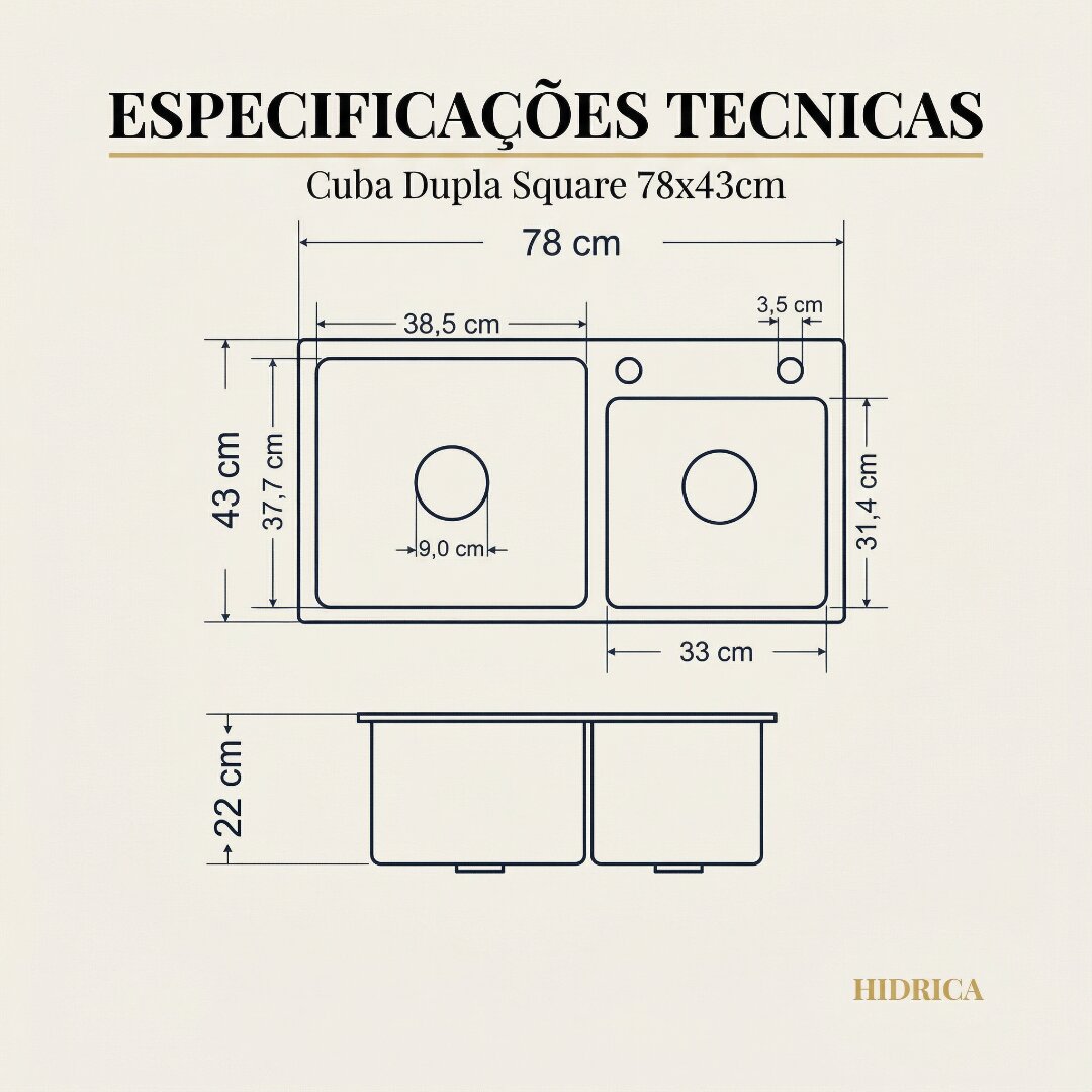 Cuba Dupla Square 78X43 Inox 304 Escovada