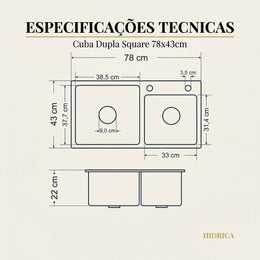Cuba Dupla Square 78X43 Inox 304 Escovada