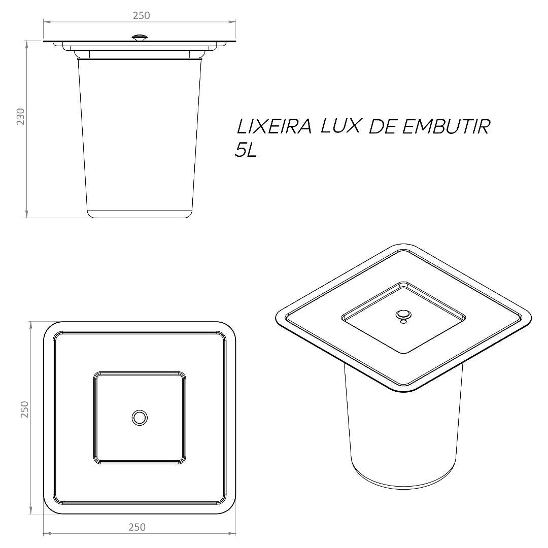Lixeira de embutir Quadrada Escovada Lux 5L Inox 304