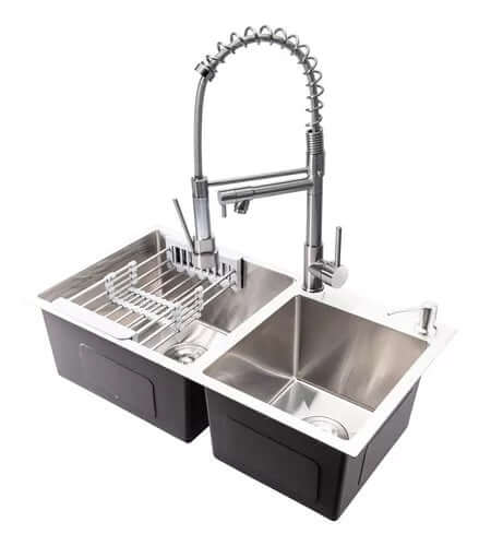 Cuba Inox Dupla Completa com Grelha + Dispenser de Sabão embutido + Torneira Gourmet Monocomando