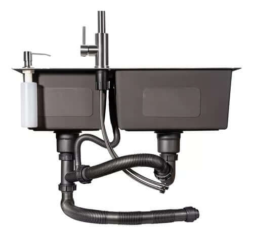 Cuba Inox Dupla Completa com Grelha + Dispenser de Sabão embutido + Torneira Gourmet Monocomando