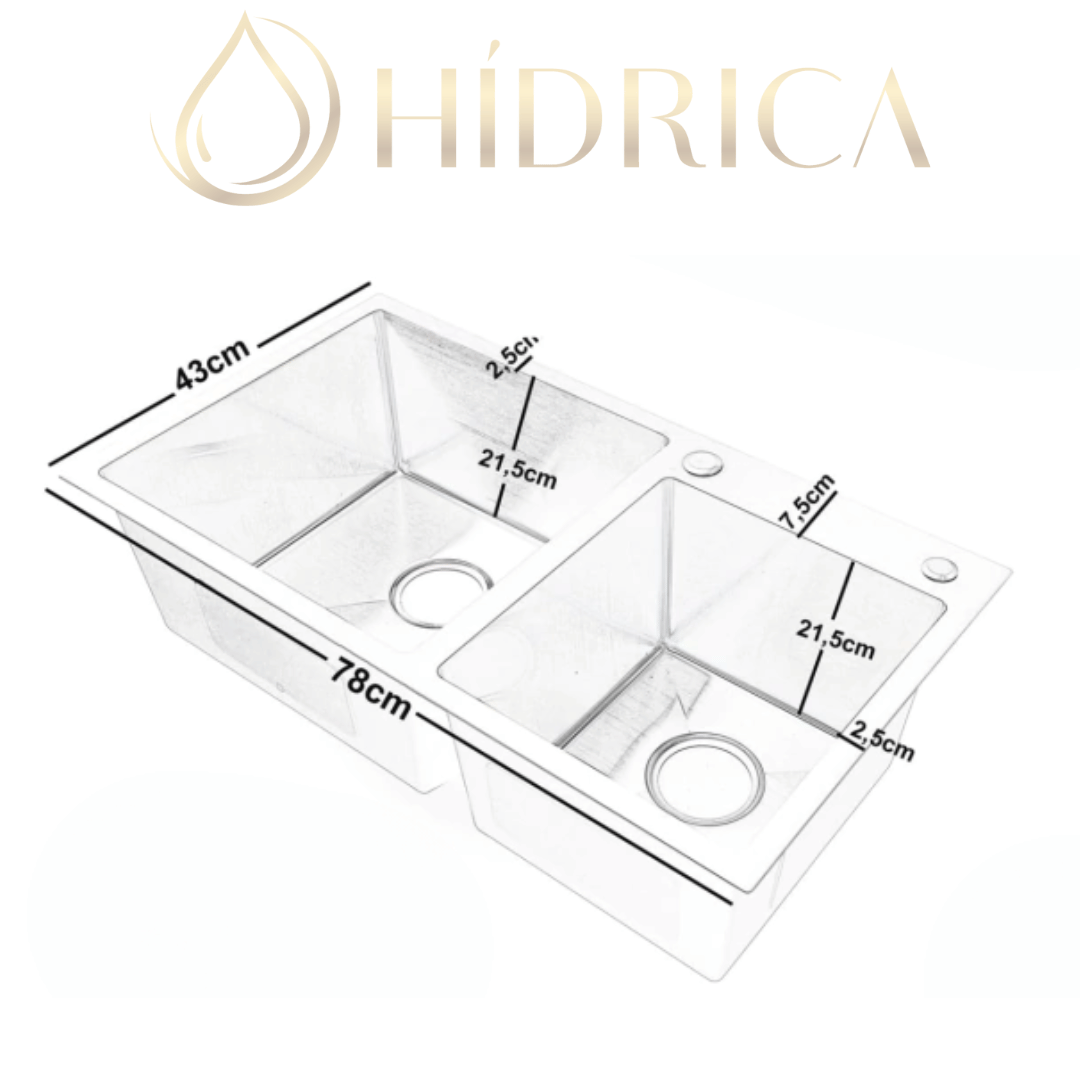 Cuba Inox Dupla Completa com Grelha + Dispenser de Sabão embutido + Torneira Gourmet Monocomando