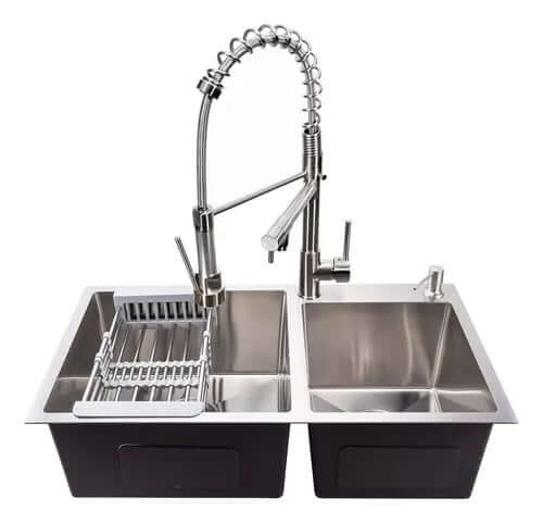 Cuba Inox Dupla Completa com Grelha + Dispenser de Sabão embutido + Torneira Gourmet Monocomando