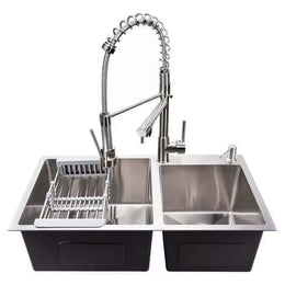 Cuba Inox Dupla Completa com Grelha + Dispenser de Sabão embutido + Torneira Gourmet Monocomando