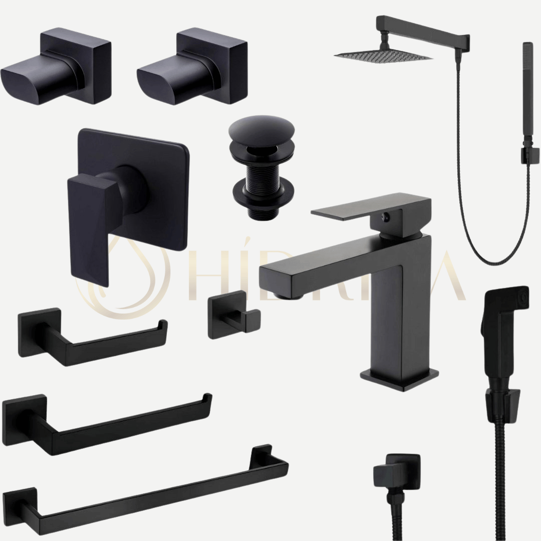 Kit Banheiro Minimalista Black com Misturador Monocomando bica baixa e acessórios - 11 Peças