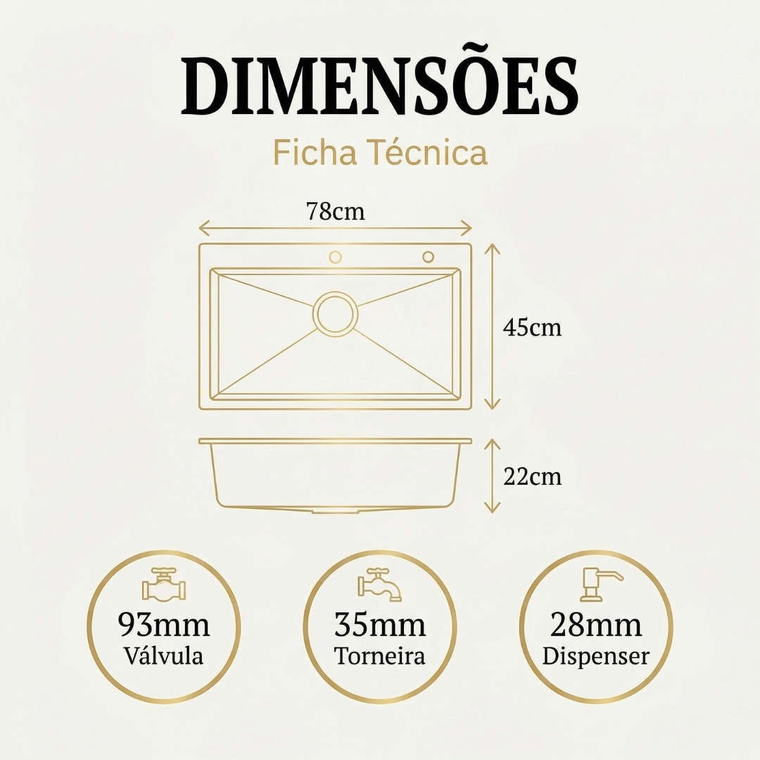 Cuba Gourmet Artisan Aço Escovado 78x45 Inox 304 com dispênser e cesta