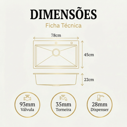 Cuba Gourmet Artisan Aço Escovado 78x45 Inox 304 com dispênser e cesta