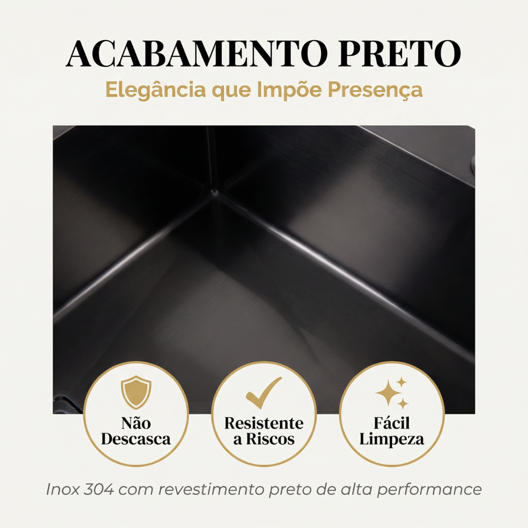 Cuba Gourmet Preta Artisan 78x45 Inox 304 com dispênser e cesta