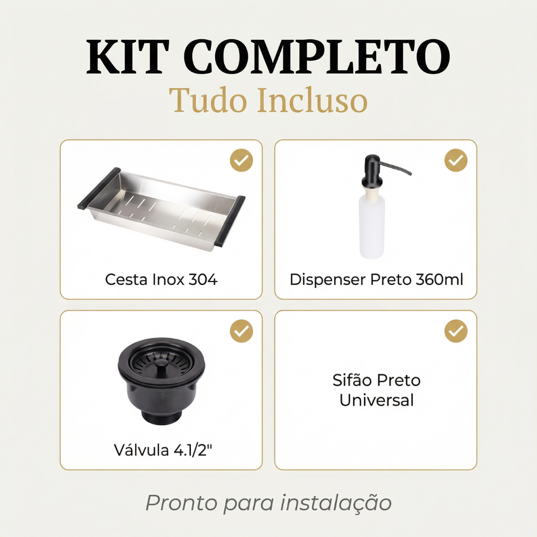 Cuba Gourmet Preta Artisan 78x45 Inox 304 com dispênser e cesta