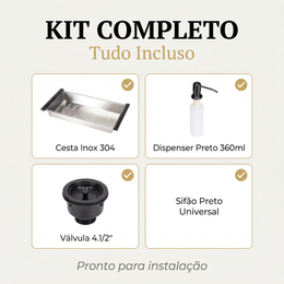 Cuba Gourmet Preta Artisan 78x45 Inox 304 com dispênser e cesta
