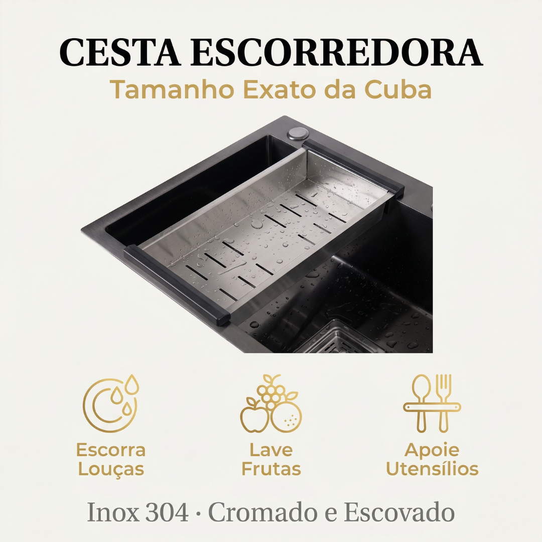 Cuba Gourmet Preta Artisan 78x45 Inox 304 com dispênser e cesta