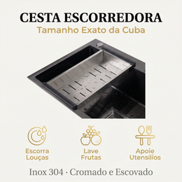 Cuba Gourmet Preta Artisan 78x45 Inox 304 com dispênser e cesta