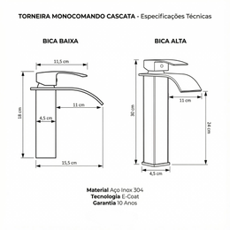 Torneira Monocomando bica alta/baixa para banheiro Cascata Square