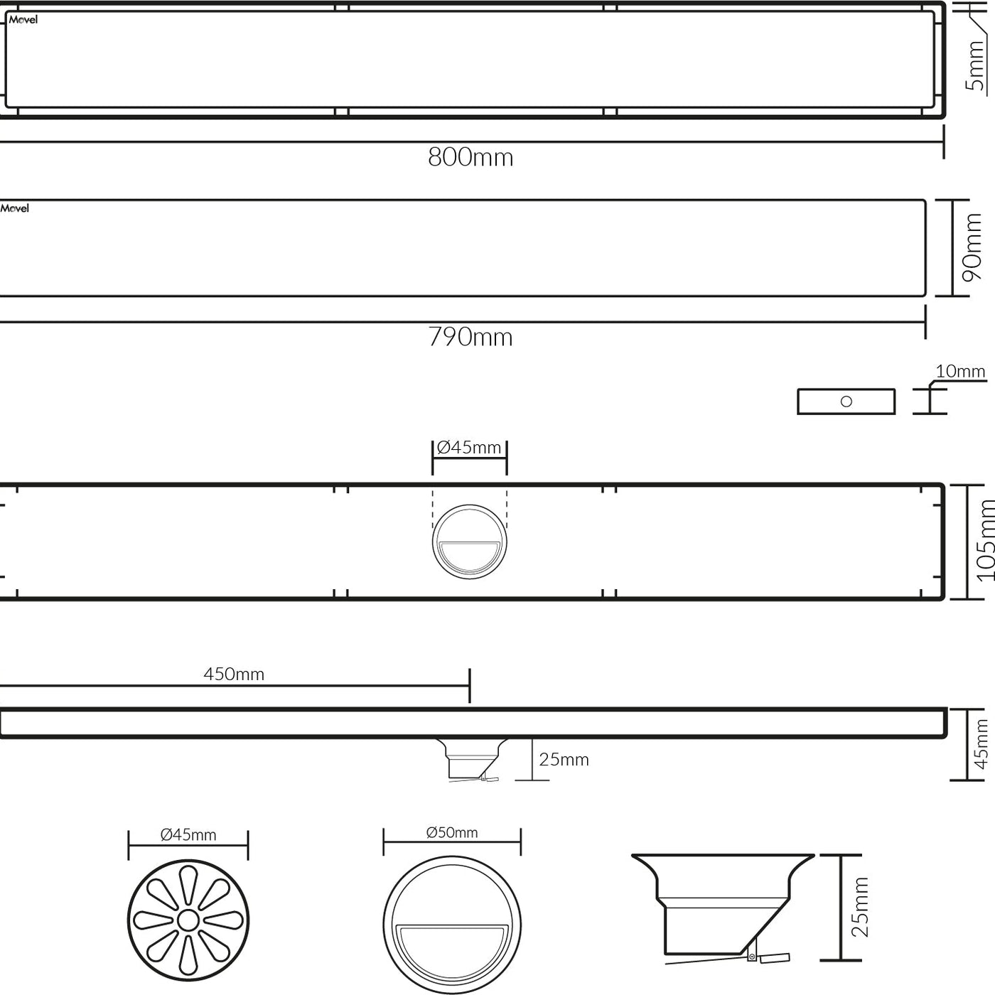 Ralo Linear com válvula de fechamento anti-odor 80x10 Lux