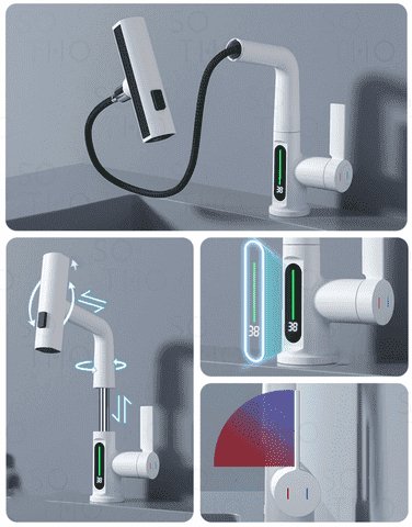 Torneira para Banheiro com Bica Extensível - Monocomando com Display e Rotação 360°