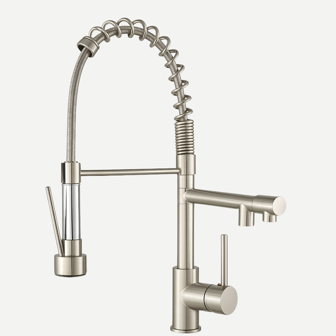 Torneira de Cozinha em Aço Escovado - Monocomando com Bica Rotativa e Modos de Jato